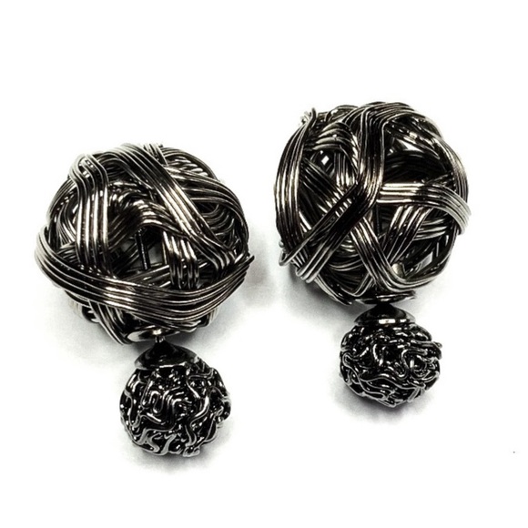Metallic Black Weaved Double Ball Stud Earrings - Picture 5 of 7